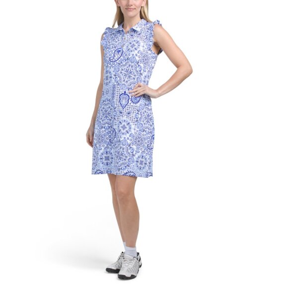 G LIFESTYLE BLUE PAISLEY Upf 50 Short Sleeve Polo Mini Dress With Shorts - Picture 1 of 2